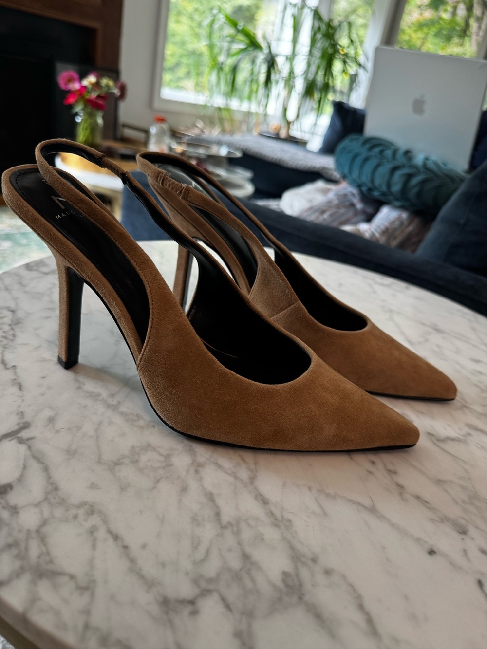 Marc Fisher Tan Suede Pointed-Toe Slingback Stilettos